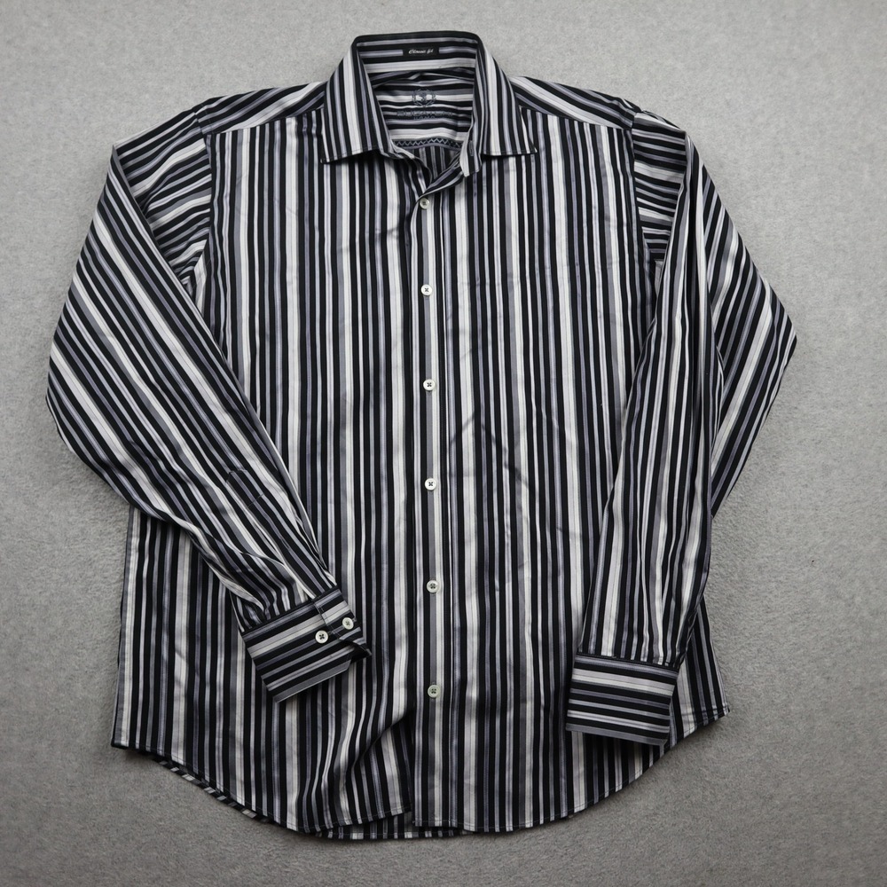 Bugatchi Uomo Button Down Shirt Men Large Classic Fit Black White Striped Cotton